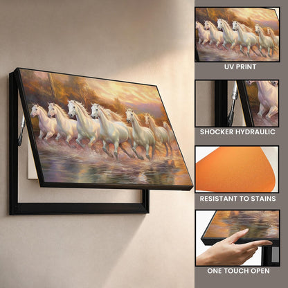 Electric MCB Box Cover Frame With Hydraulic Decorative Painting White 7 Running Horse Painting Electrical Panel box Cover, Switch Box Frame Will Fit Max 10x14 inch Switch Board, Outer Size 13X17 Inch