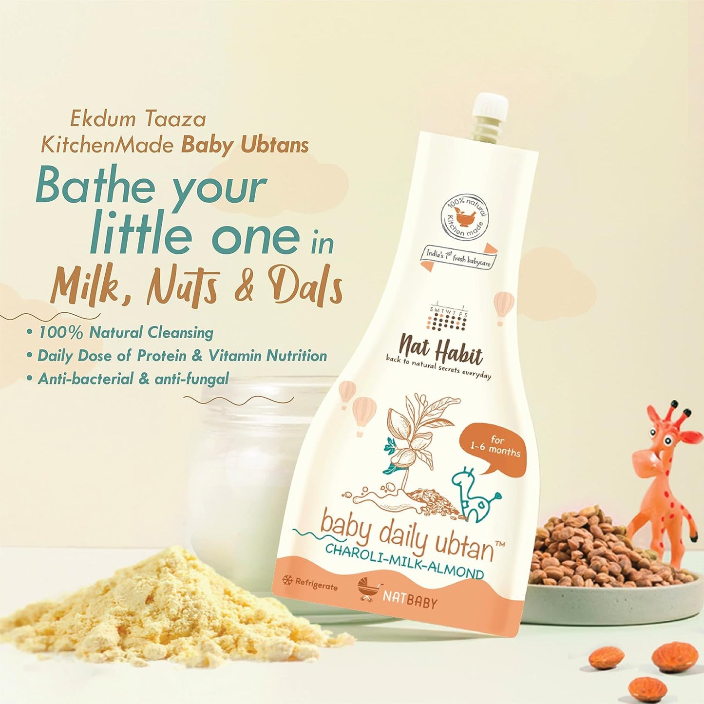 Nat Habit Baby Bath Ubtan with Charoli & Almond | Gentle Daily Ubtan for 1-6 Months Old | Protein & Vitamin-Rich Baby Body Wash | Natural, Soap-Free Head to Toe Wash for Babies & Kids,80g