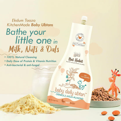 Nat Habit Baby Bath Ubtan with Charoli & Almond | Gentle Daily Ubtan for 1-6 Months Old | Protein & Vitamin-Rich Baby Body Wash | Natural, Soap-Free Head to Toe Wash for Babies & Kids,80g
