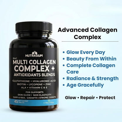 Nutrasium Multi Collagen With Glutathione For Skin Radiance, Skin Firmness & Glow Added Hyluronic acid & Vitamin C & E | 90 Tablets