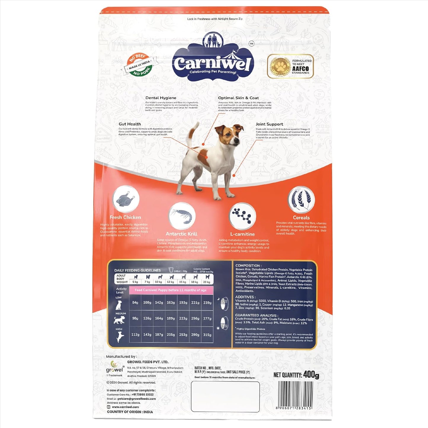 Carniwel Fresh Chicken Adult Dry Dog Food 400gm | Premium Nutrition | Natural Ingredients for Optimal Skin & Coat Health | Highly Palatable | Supports Joint Health