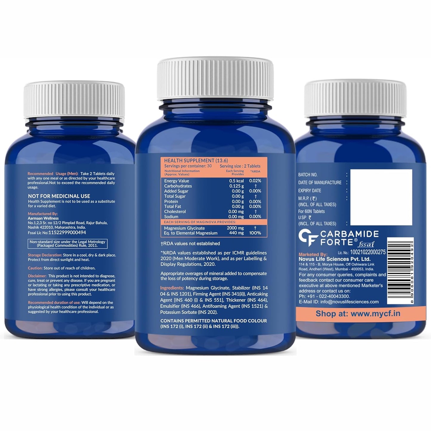Carbamide Forte Chelated Magnesium Glycinate Supplement 2000mg Per Serving | Magnesium Supplement Supports Muscle Recovery & Better Sleep - 60 Veg Tablets