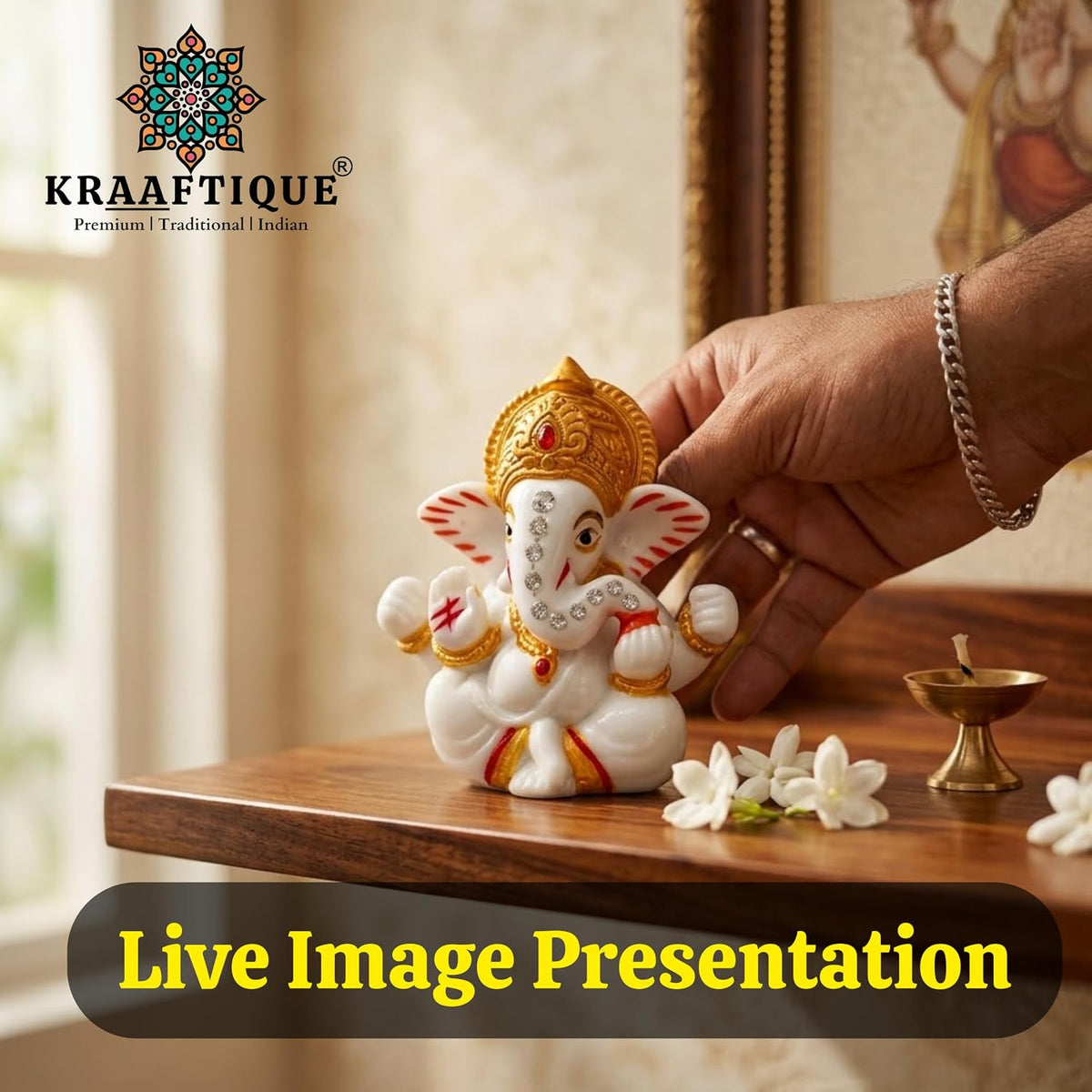 Chaturbhuj Ganpati Idol White Marble Statue, Matte Finish Ganesh Murti for Puja, Mandir, Home Decor, Diwali, Ganesh Chaturthi, Festivals & Gifting