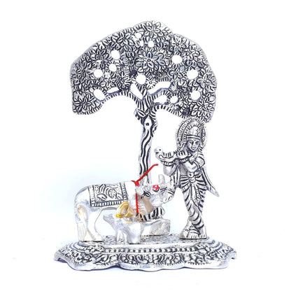 KridayKraft Silver Plated Kamdhenu Cow with Krishna Standing Under Tree Plying Flute Metal Statue,Krishna Murti Idol for Pooja & Decor Your Home,Office,Showpiece