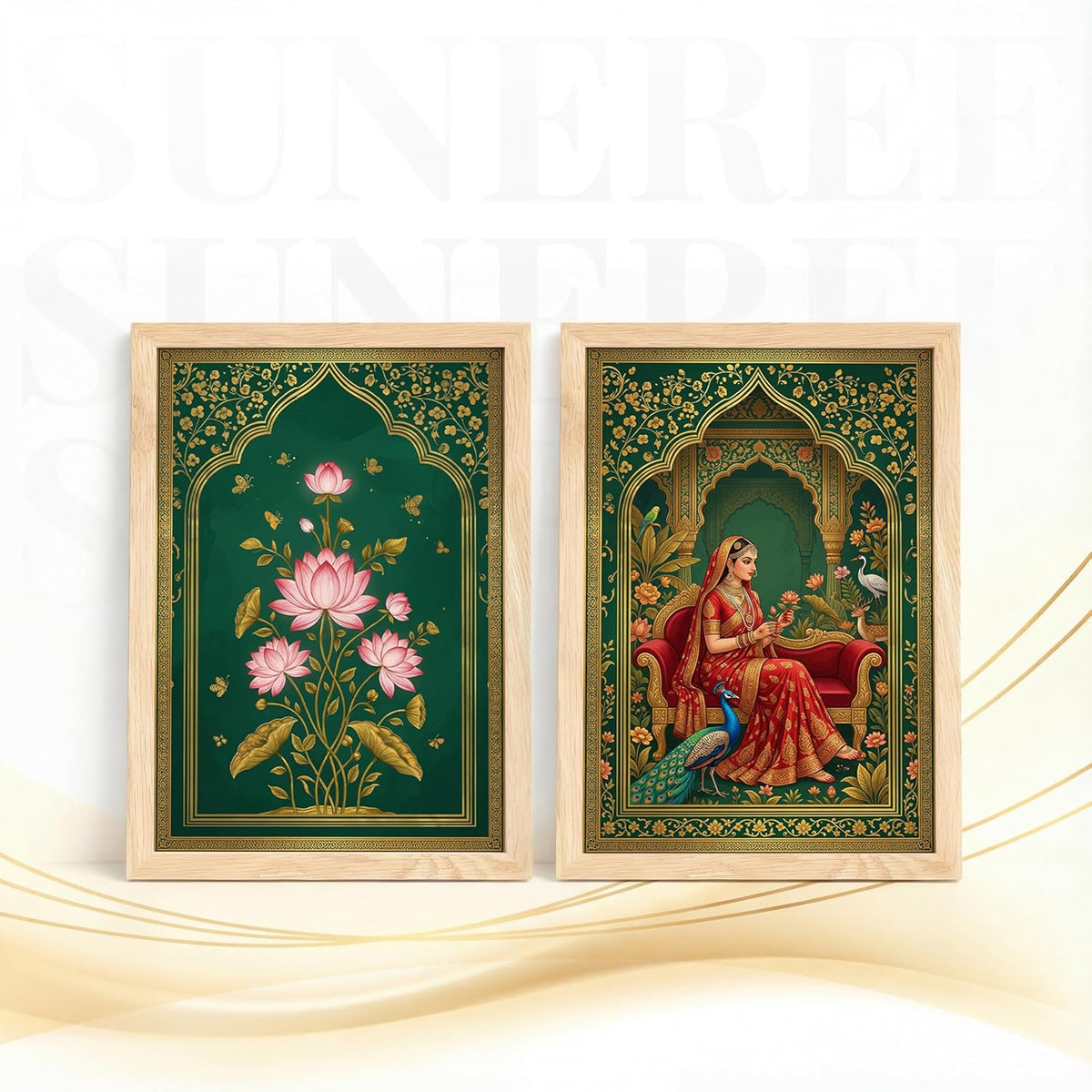 Rajasthani Rani Lotus Flower Wall Art Painting | Set of 2 Framed Paintings | Mughal Indian Decor for Living Room Bedroom Home Office | (ART 7, 13x19 INCHES)