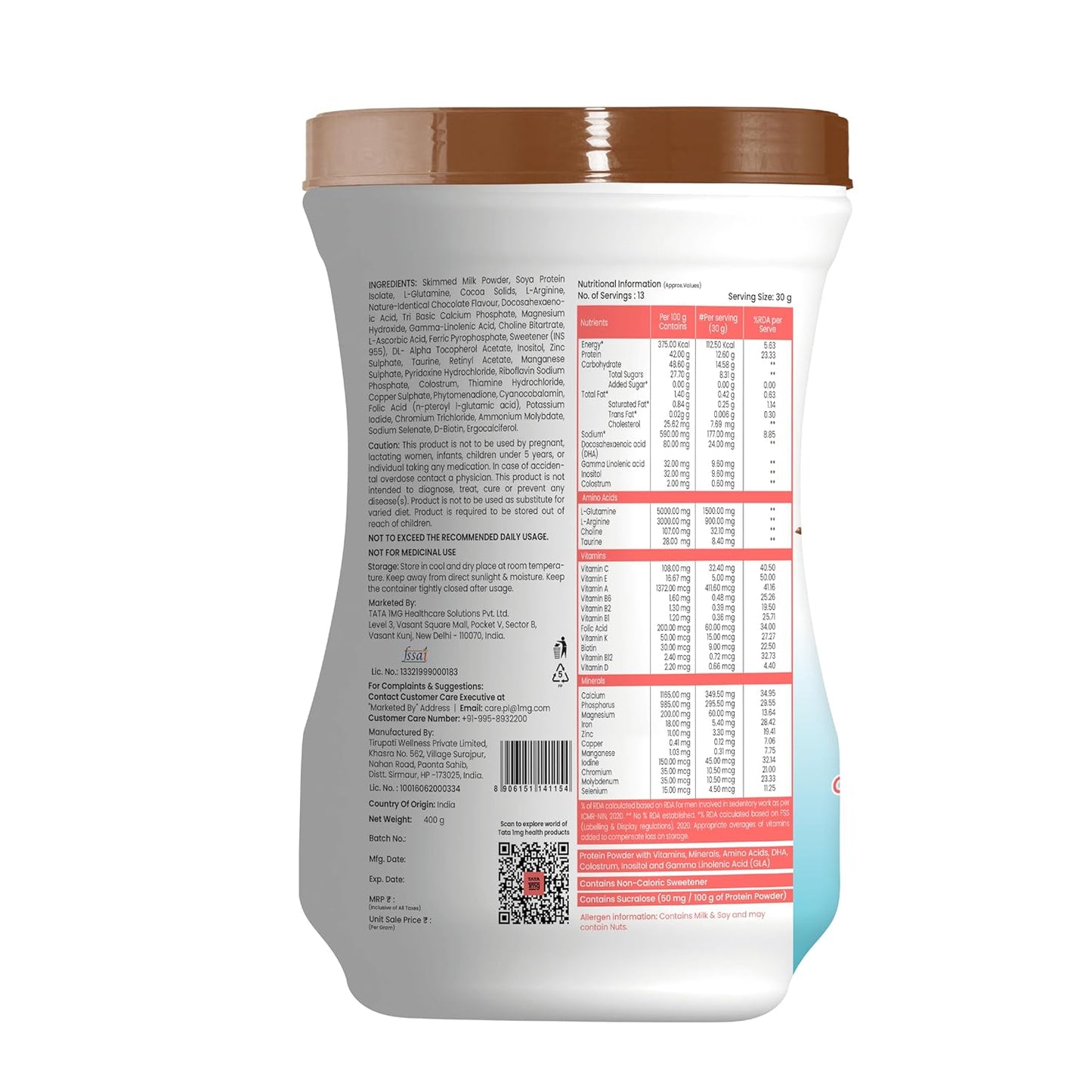 Tata 1mg Pro+ Soy Protein Supplement Powder- High Protein for Muscle & Bone Strength, Overall Fitness, and Energy with 23 essential nutrients,Low Fat & No Added Sugar,Chocolate Flavour