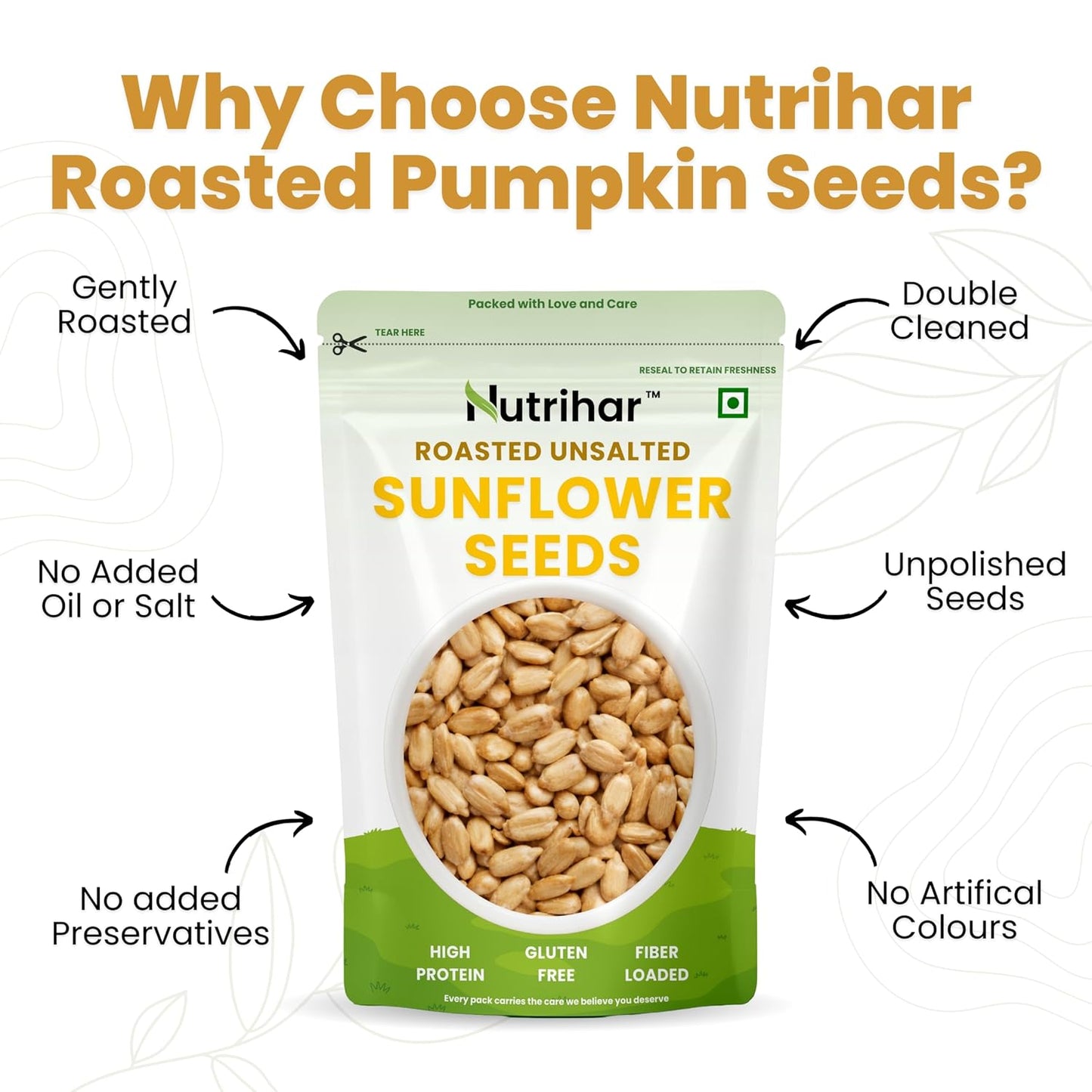 Nutrihar Roasted Sunflower Seeds 100g | Unsalted, Dry Roasted Sunflower Seeds for Eating | No Added Oil | Rich in Vitamin-E & Fibre