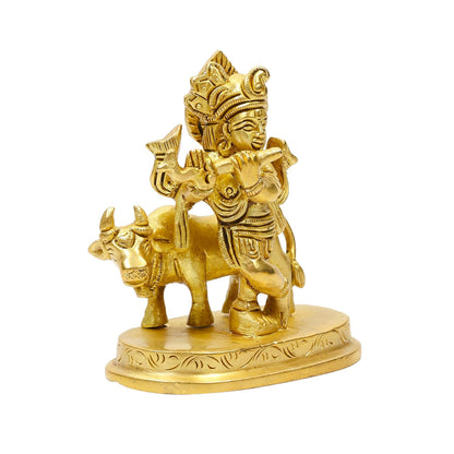 2.5 Inch Pure Brass Krishna Statue with Cow – Handcrafted Idol | Compact Spiritual Murti for Home Temple, Office Table, Puja Room, Festive Decoration & Auspicious Gift