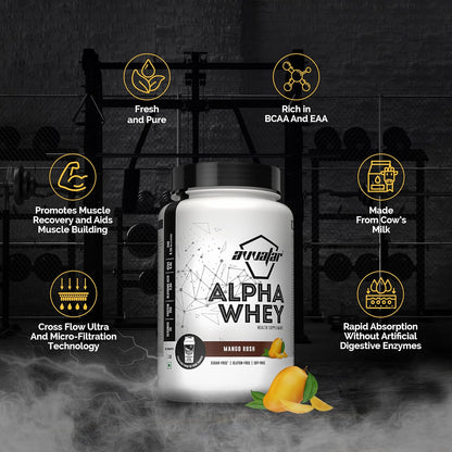 Alpha Whey protein supplement container with features highlighted on a dark background