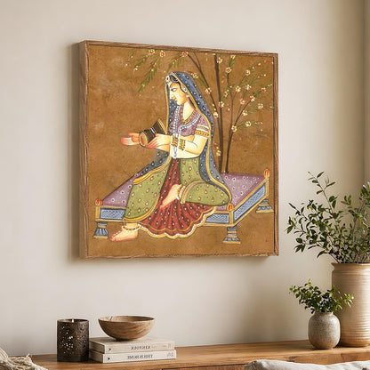 Indian Folk Framed Painting For Living Room | Traditional Ragamala Large Canvas Painting With Frame Wall Art For Bedroom, Hallway's, Office, Hotel, Size 58x58 cm