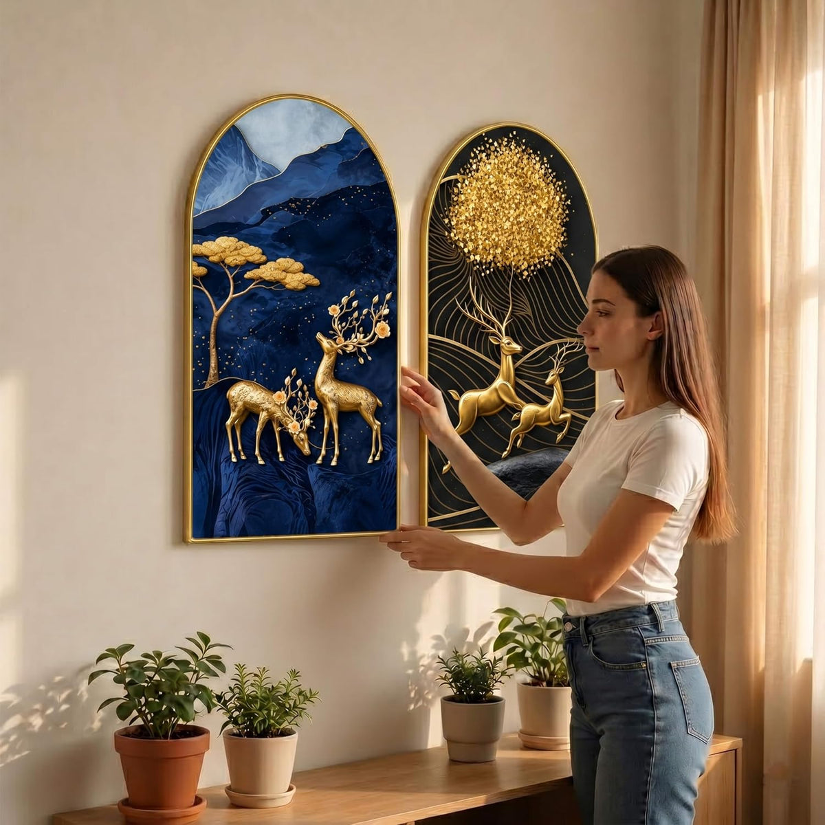 Set of 2 Abstract Deer Wall Painting for Living Room, Blue Gold Modern Artwork, PVC Golden Frame, Arch Shape Wall Decor for Bedroom, Hall, Office & Gift (30 x 32 Inch) RPNL-02-112