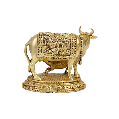 Brass Kamdhenu Cow with Calf Statue 2.2 Inch | Religious Gau MATA Idol for Mandir, Pooja, Home Temple, Vastu, Office Desk & Decorative Spiritual Gift (Pack of 1)