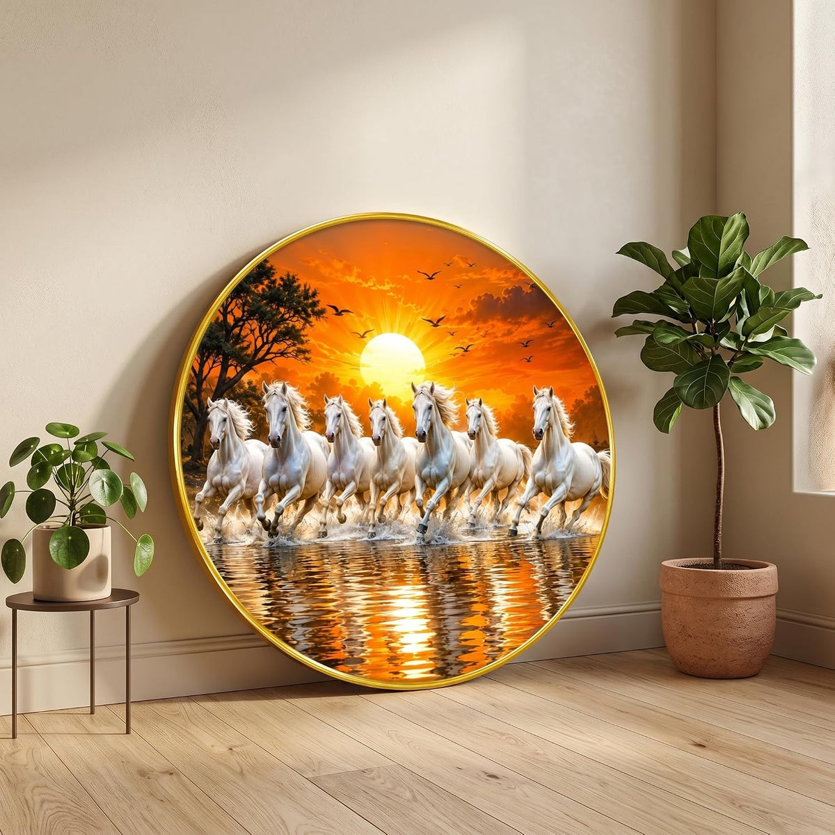7 Horse Vastu Round Wall Painting with Premium PVC Golden Frame, White Running Horses Sunset Water Art for Living Room Office Home Decor Gift (20 x 20 Inch) GRL-449