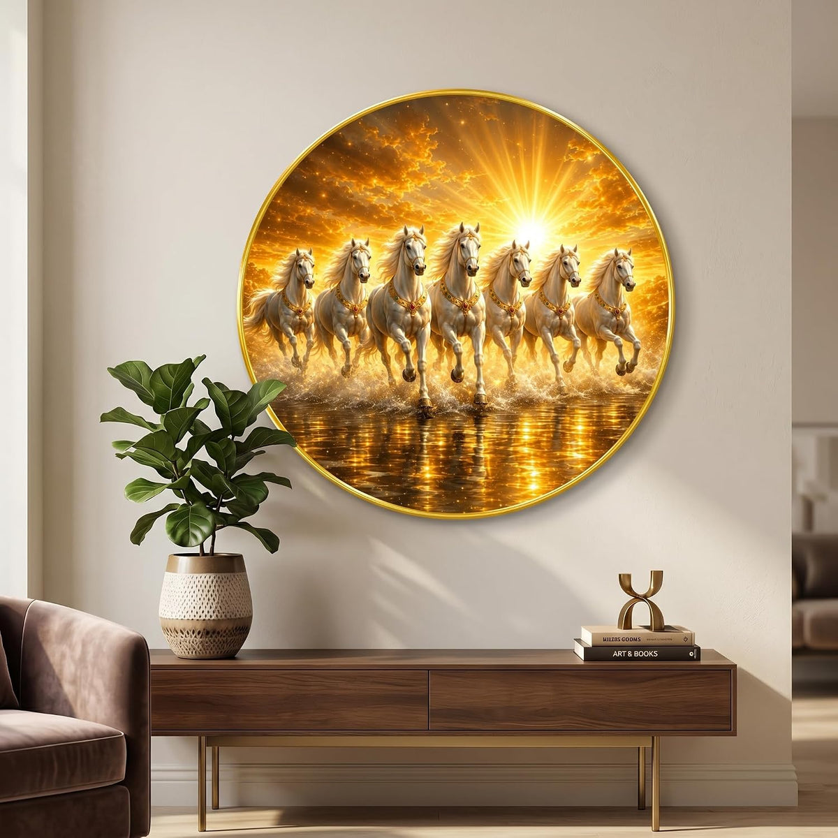 7 Horse Vastu Round Wall Painting with Premium PVC Golden Frame, Golden White Running Horses Sunrise Water Art for Living Room Office Home Decor Gift (20 x 20 Inch) GRL-448