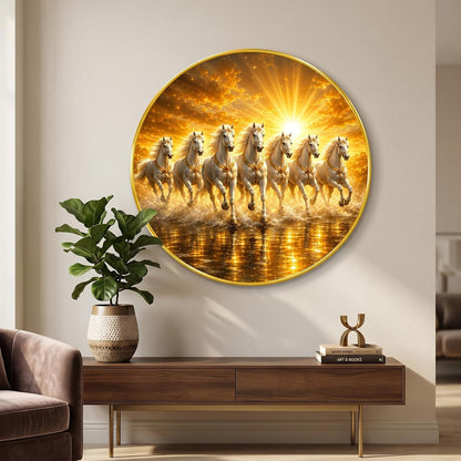 7 Horse Vastu Round Wall Painting with Premium PVC Golden Frame, Golden White Running Horses Sunrise Water Art for Living Room Office Home Decor Gift (20 x 20 Inch) GRL-448