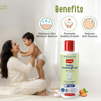 LuvLap Baby Massage Oil with Almond, Virgin Coconut Oil & Vitamin E, Deep Nourishing, Skin Repair & Relaxation, Ayurvedic Non-Sticky Oil for Soft New Born Skin, 100% Natural, Derma Safe, 100ml