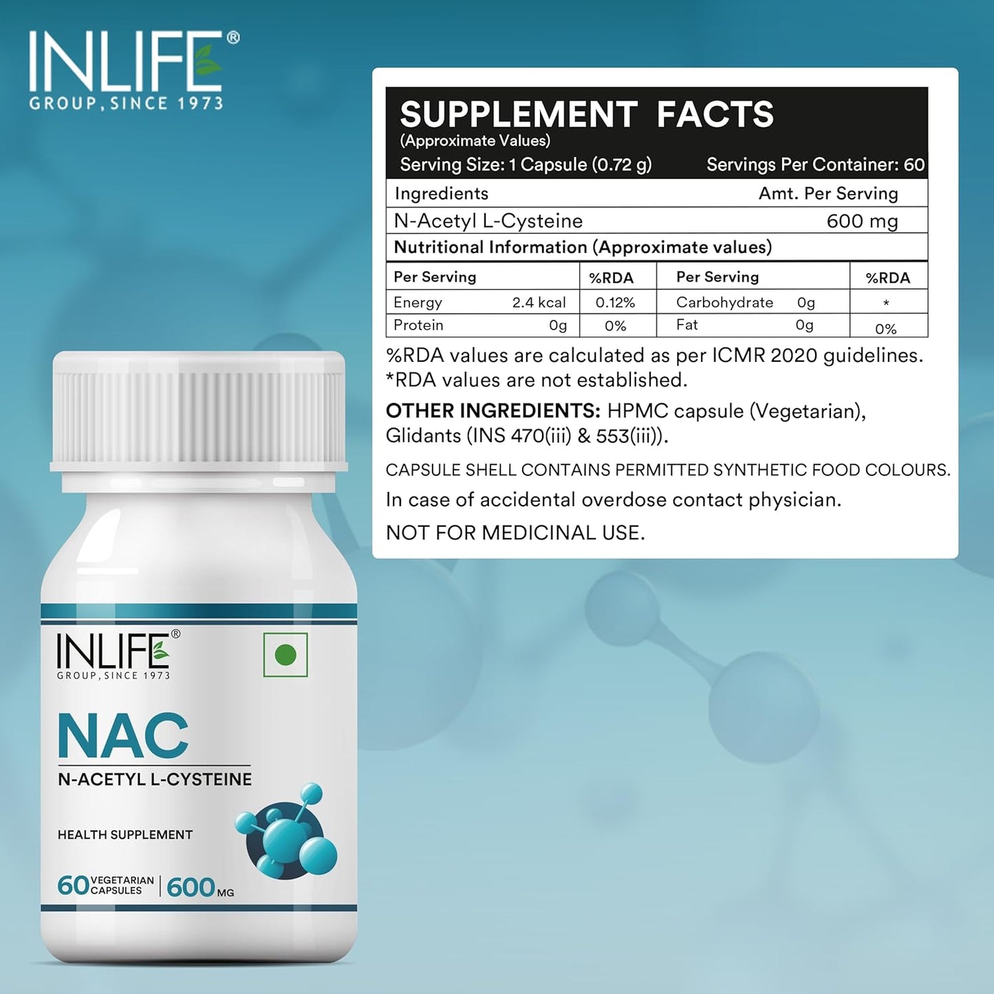 INLIFE N Acetyl Cysteine NAC Supplement 600mg | Antioxidant, Supports Liver & Respiratory Health - 60 Vegetarian Capsules (Pack of 1)