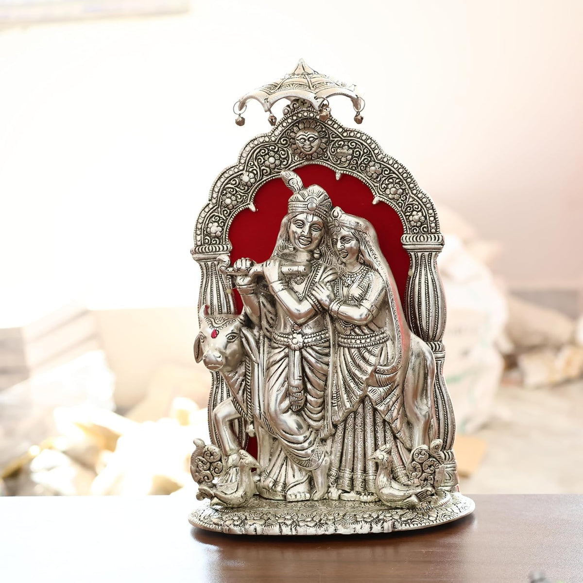 KridayKraft Metal Radha Krishna Idol with Cow Decorative Showpiece Statue for Puja Room Home Office Desk Gift Items Ornate Metal Sculpture of Hindu Deities (Silver, Height 33 CM)