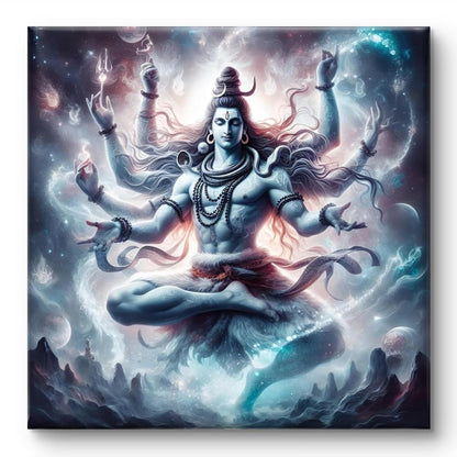 Lord Shiva Cosmic Dance Wall Art Canvas, Hindu Deity Digital Painting, Mystical Spiritual Decor, Blue and Turquoise 16 Inch x 16 Inch CVS-38126