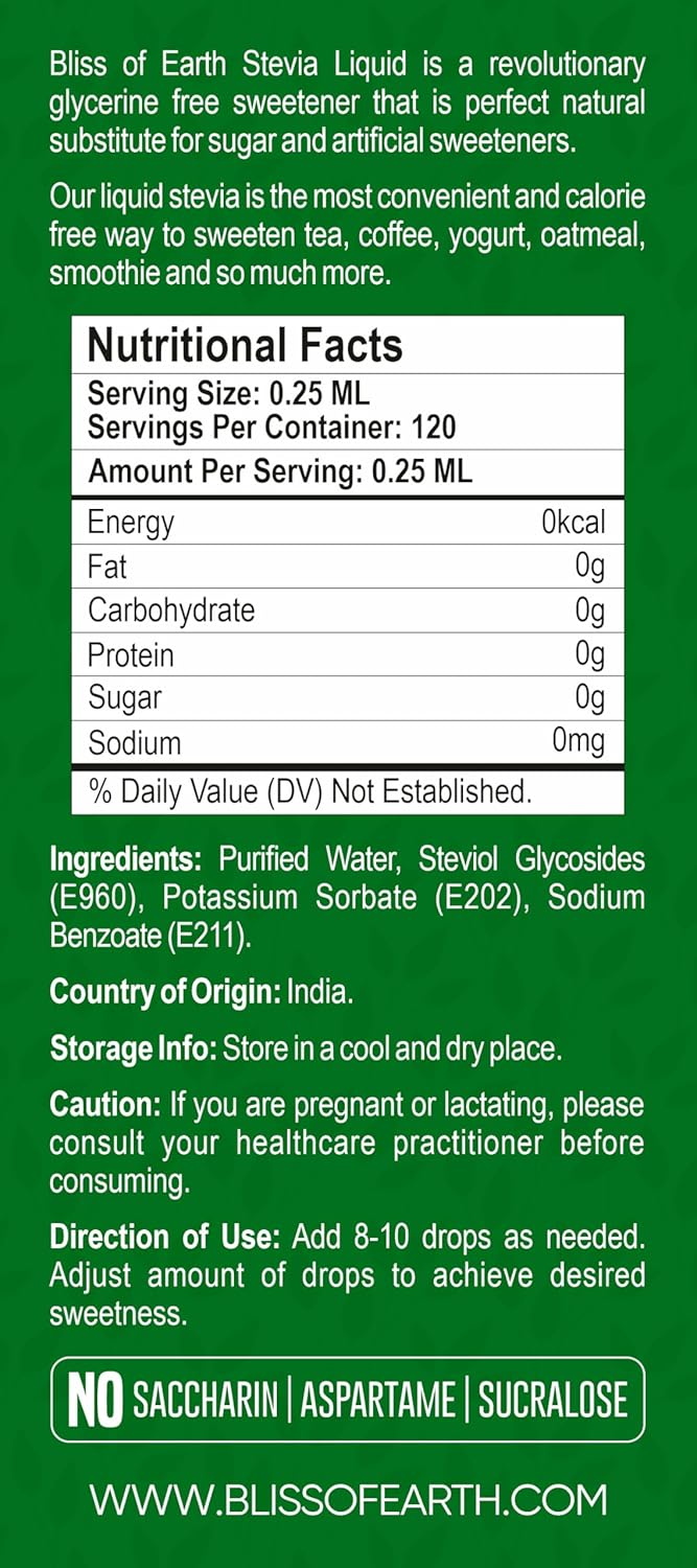 Bliss of Earth Stevia Liquid Sweetener – Pure, Natural & Sugar Free Drops | Zero Calorie | 30ML | Perfect for Tea, Coffee, Shakes, Smoothies & Desserts | Keto & Diabetic Friendly