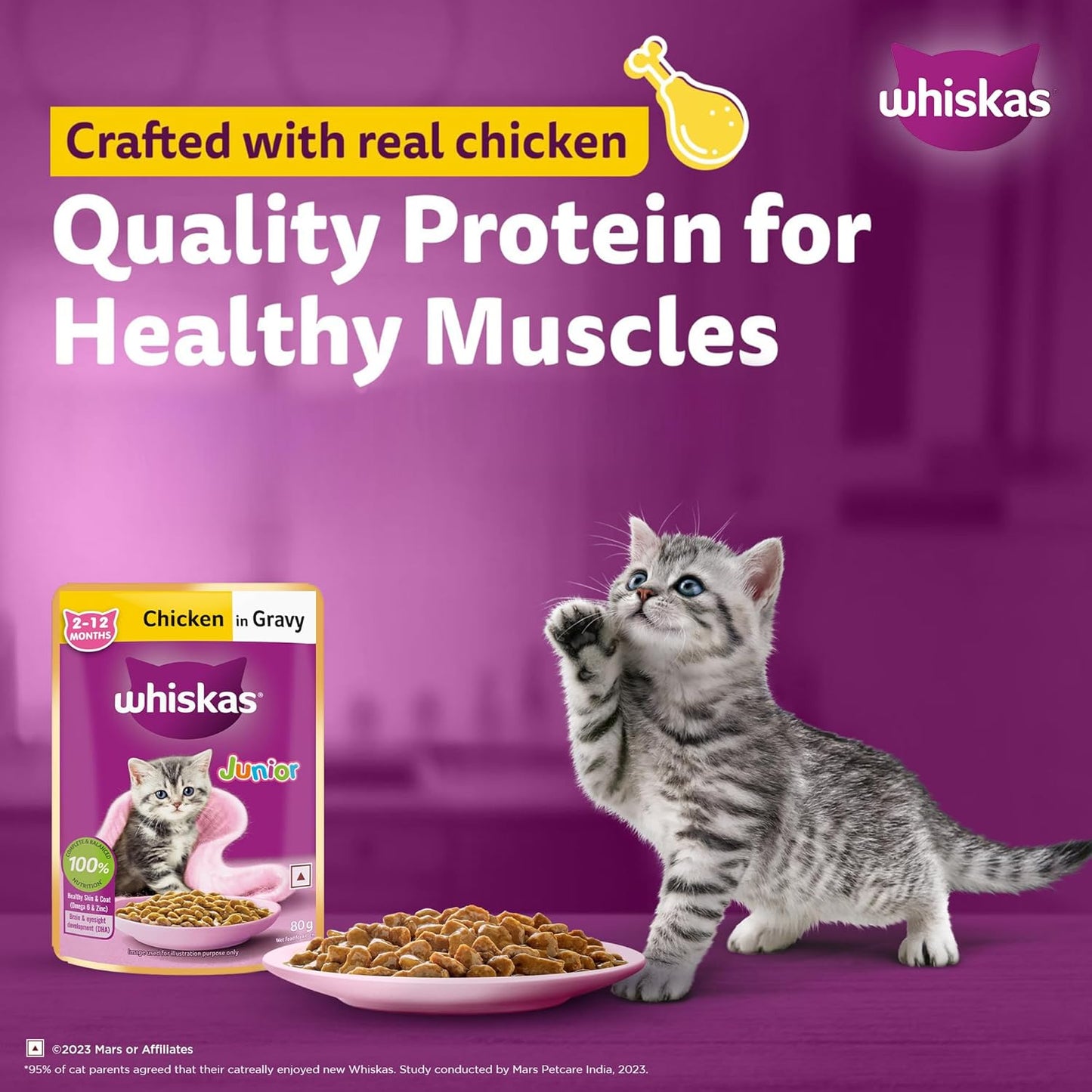 Whiskas Junior Kitten (2-12 Months) Wet Cat Food, Chicken in Gravy, 80 g (Pack of 14), Hydrating Food Made With Real Chicken, 100% Complete & Balanced Nutrition for Kittens