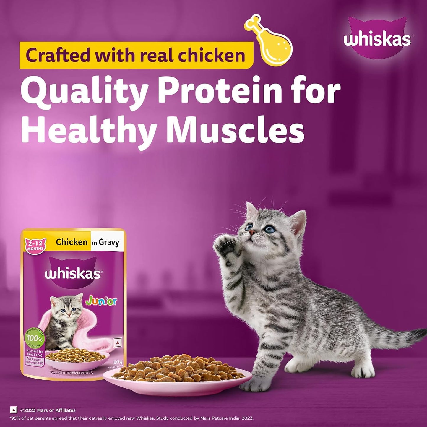 Whiskas Junior Kitten (2-12 Months) Wet Cat Food, Chicken in Gravy, 80 g Hydrating Food Made With Real Chicken, 100% Complete & Balanced Nutrition for Kittens