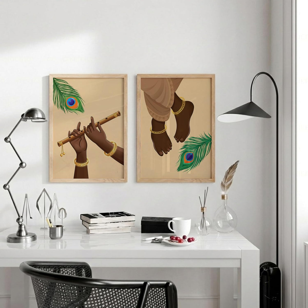 Krishna Flute Hands Charan Feet Wall Art Painting | Set of 2 Framed Paintings | Spiritual Decor for Living Room Mandir Pooja Room Bedroom | (ART 6, 13x19 INCHES)