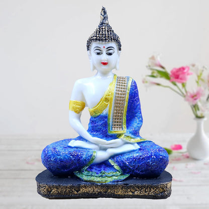 Meditating Buddha Polyresin Idol Showpiece - Perfect for Living Room, Bedroom and Office Space Home Decor Staircase Wall Decoration Ideal Gifting (White Blue Sitting Buddha)
