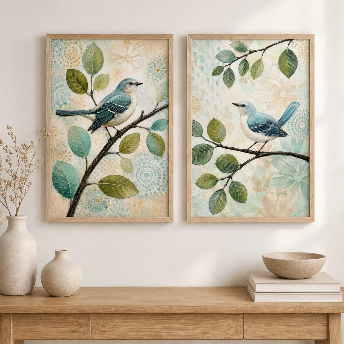 Set of 2 Blue Bird Botanical Wall Paintings with Sparkle Laminate, Premium Wooden Synthetic Frame, Nature Leaf Art for Living Room Bedroom Decor (13.5 x 19.5 Inch) NM02-185