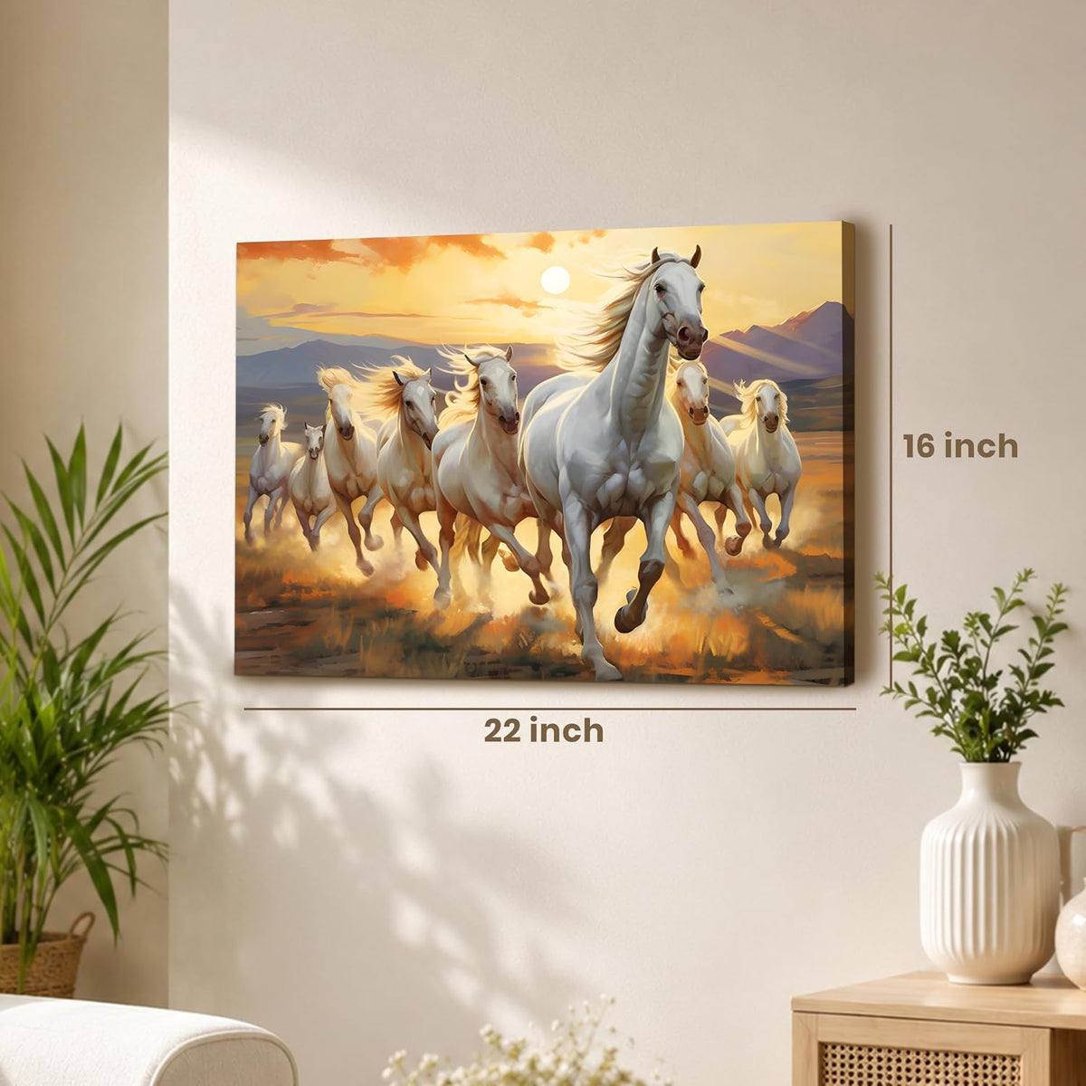 7 White Running Horses Wall Art Painting For Living Room, Abstract Vastu Seven Horses Painting For Wall, Stretched Canvas Decoration item for bedroom, 16x22 Inch