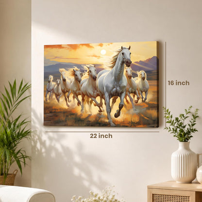 7 White Running Horses Wall Art Painting For Living Room, Abstract Vastu Seven Horses Painting For Wall, Stretched Canvas Decoration item for bedroom, 16x22 Inch