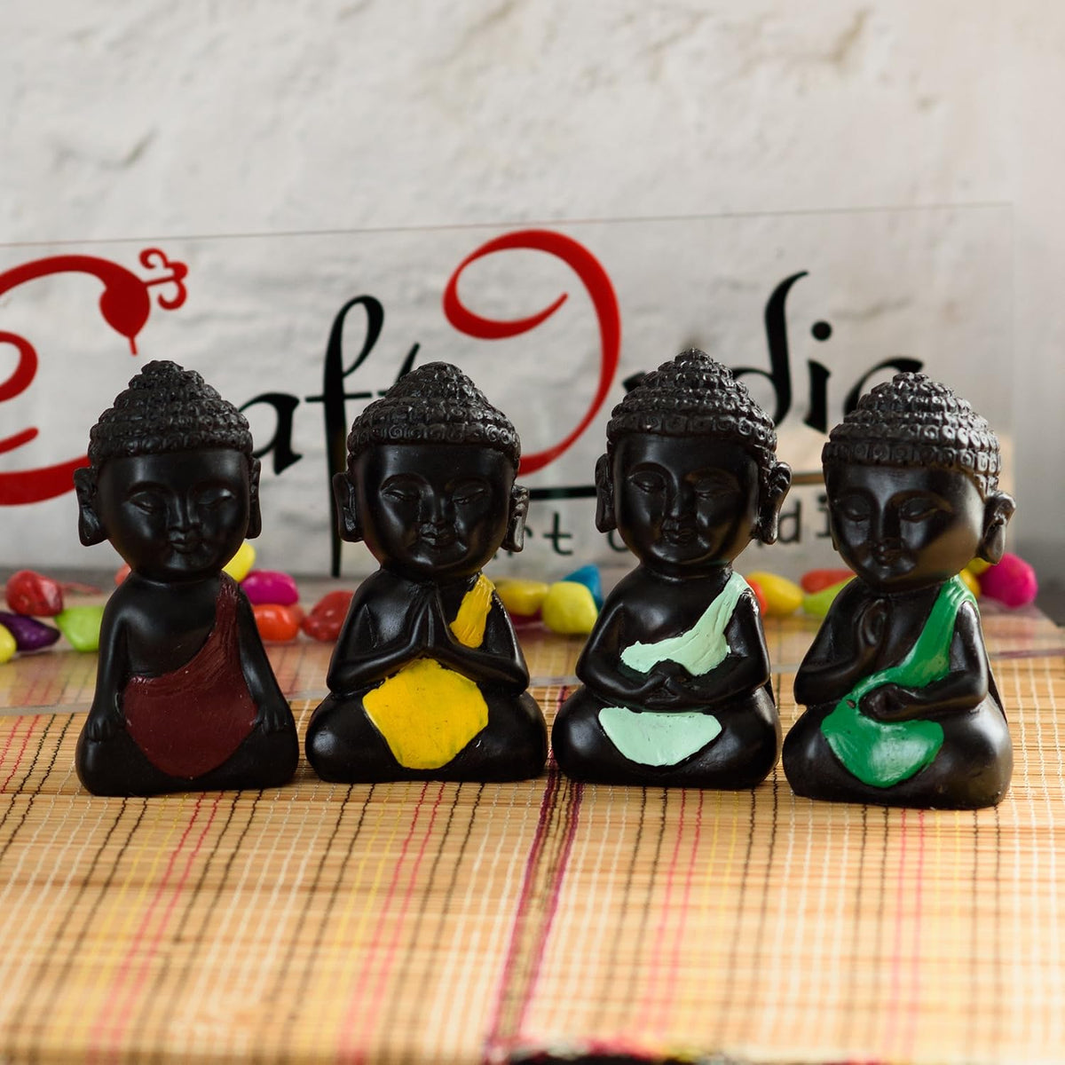 Polyester Blend Handcrafted Laughing Monk Idol (7.01 cm x 7.01 cm x 11.98 cm, Set of 4)