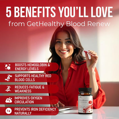 Woman holding a pen with 'GetHealthy Blood Renew' product and text listing benefits on a red background