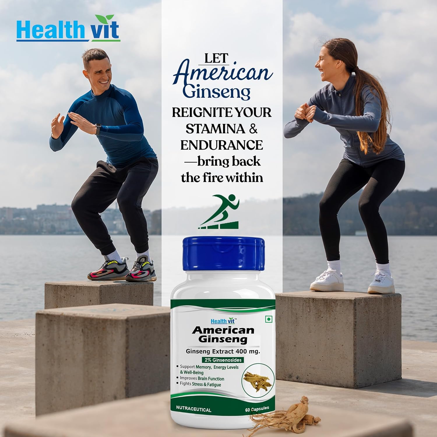 Healthvit American Ginseng supplement with two people exercising outdoors.