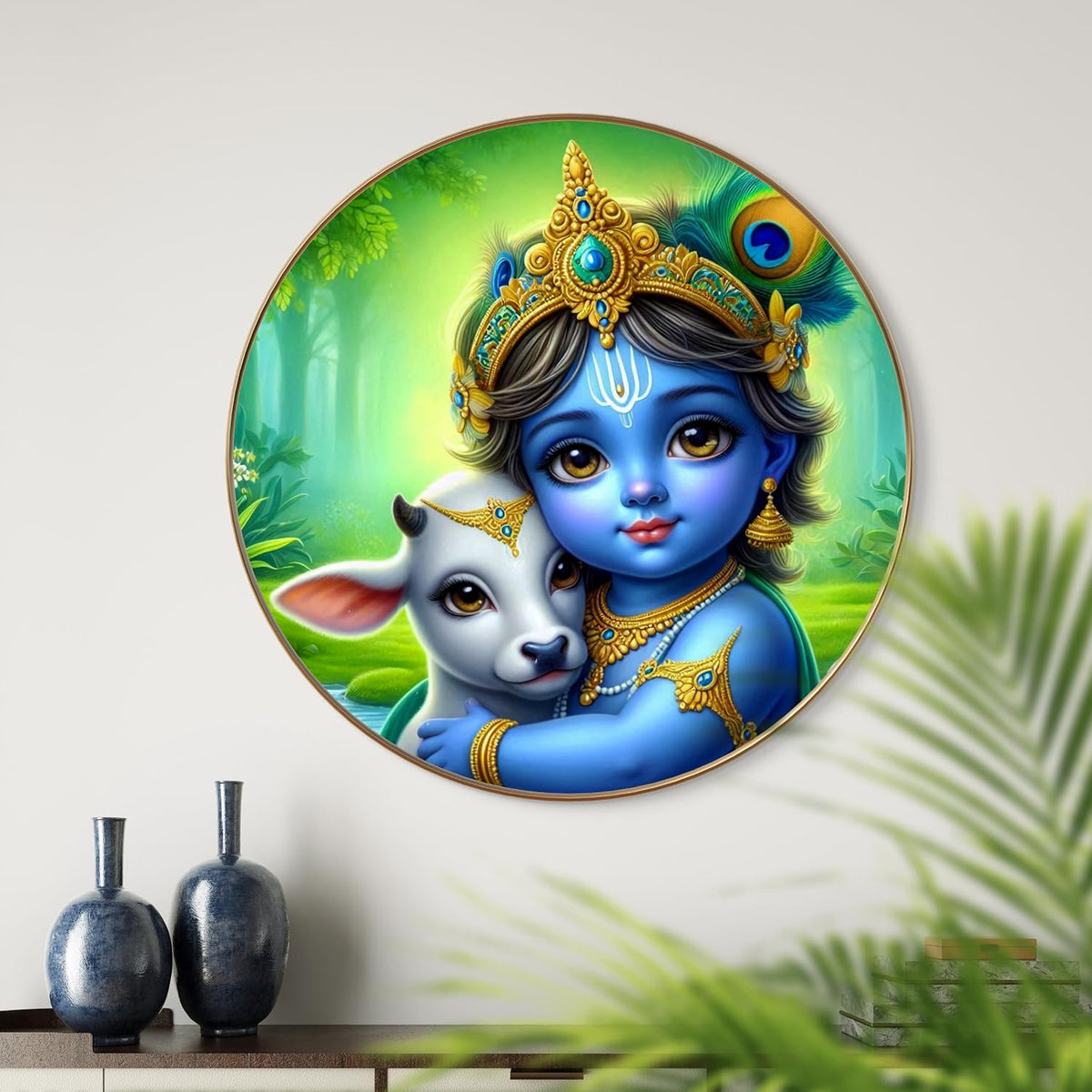 Bal Krishna Round Art Print with Golden Frame | Cute Baby Krishna with Cow HD Art Print for Pooja Room Kids Room Living Room 16 Inch x 16 Inch
