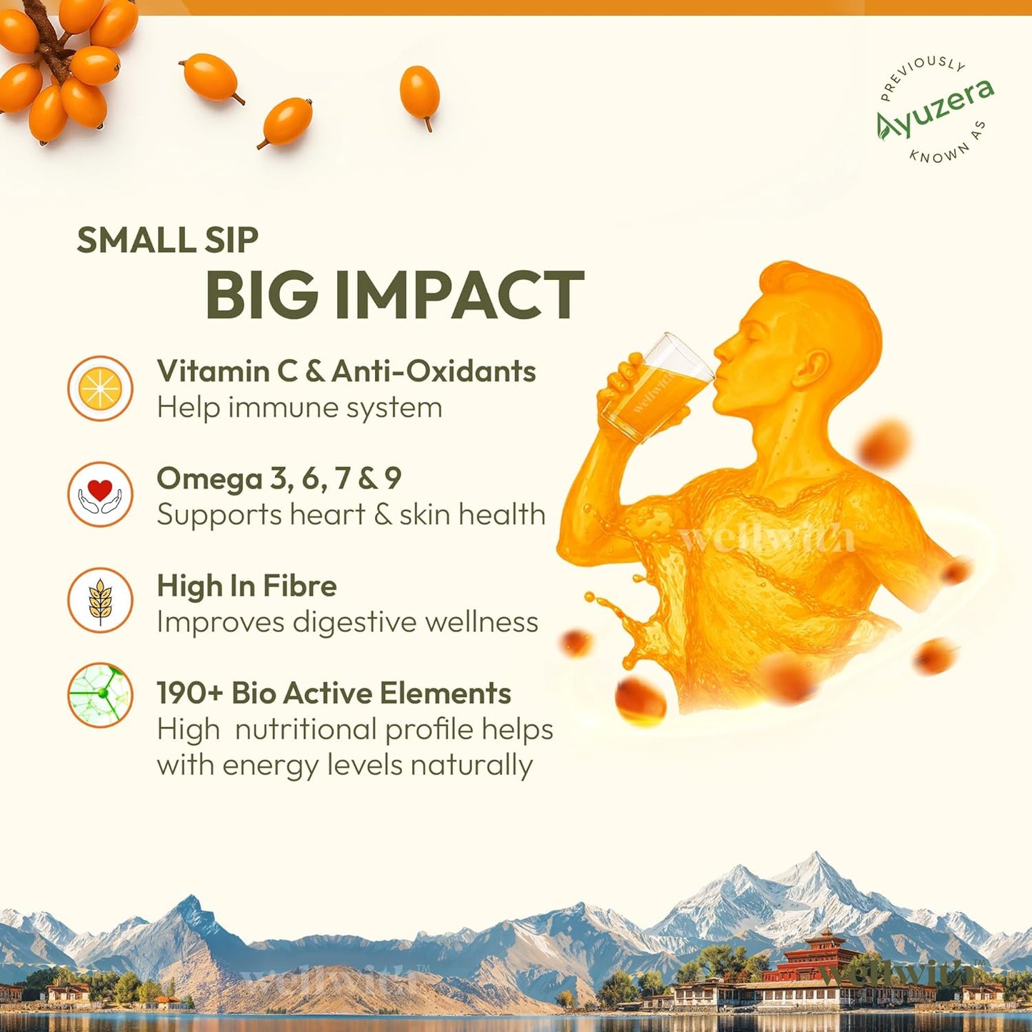 Wellwith by Ayuzera Natural Himalayan Sea Buckthorn Pulp 300ml | Cold Pressed Nutrient Rich Juice | Loaded with Vitamin C, Omega 3 6 7 9 & Antioxidants | For Skin, Immunity & Digestive Health