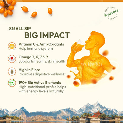 Wellwith by Ayuzera Natural Himalayan Sea Buckthorn Pulp 300ml | Cold Pressed Nutrient Rich Juice | Loaded with Vitamin C, Omega 3 6 7 9 & Antioxidants | For Skin, Immunity & Digestive Health