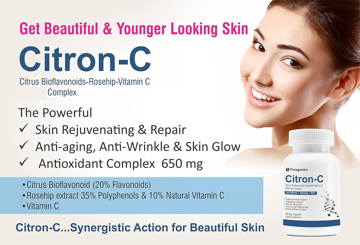 Advertisement for Citron-C skincare product with a woman's face and product bottle.