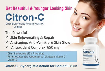 Advertisement for Citron-C skincare product with a woman's face and product bottle.