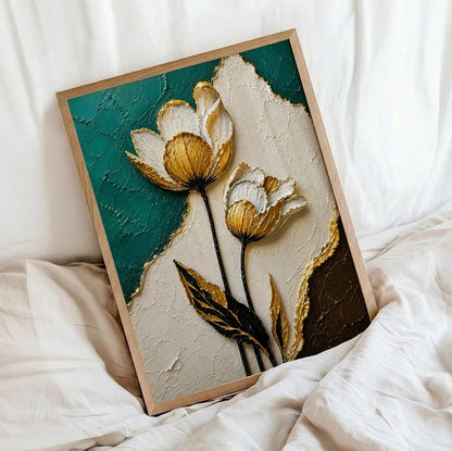 White Gold Floral Teal Framed Wall Art, Natural, 10x13 Inches