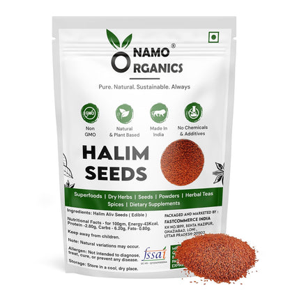 NamO Organics Halim Seeds packaging with seeds on a white background
