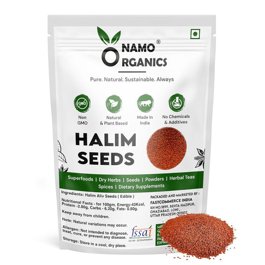 NamO Organics Halim Seeds packaging with seeds on a white background