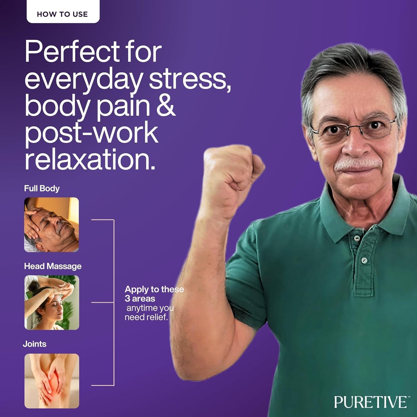 Man flexing his arm with text about stress relief and Puretive product use on a purple background