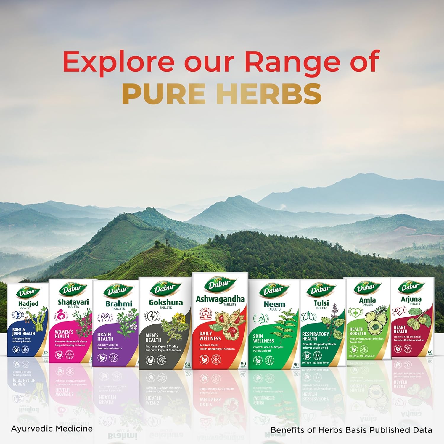 Promotional image of Dabur pure herbs with a mountainous landscape in the background