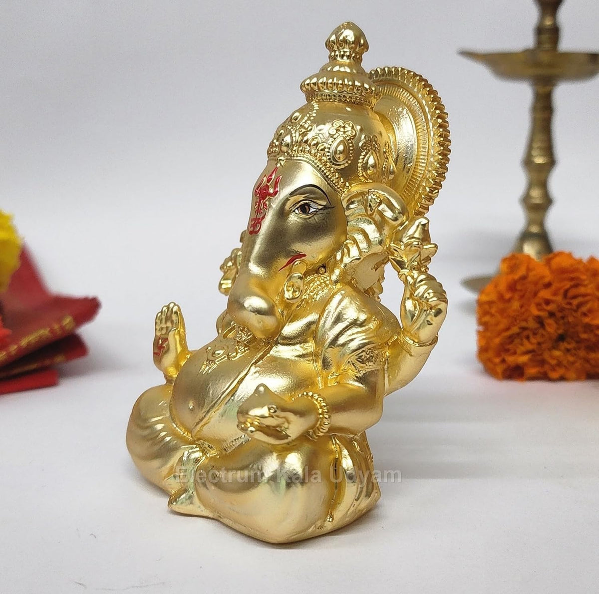 Handcrafted Poly Resin Ganesha Statue with Base - Perfect for Car Dashboard, Office Desk, Shelves, and Home Decor - Ideal Housewarming Gift! (GOLDMATTEVINAYAGAR 4")