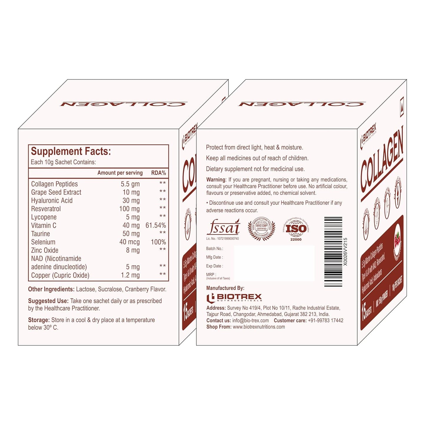 Biotrex Nutraceuticals Collagen Powder Supplement - 15 Sachets For Men & Women, Marine Collagen Powder Supports Healthy Skin, Luscious Hair, Flexible Joints, Shiny Nails, Cranberry Flavour