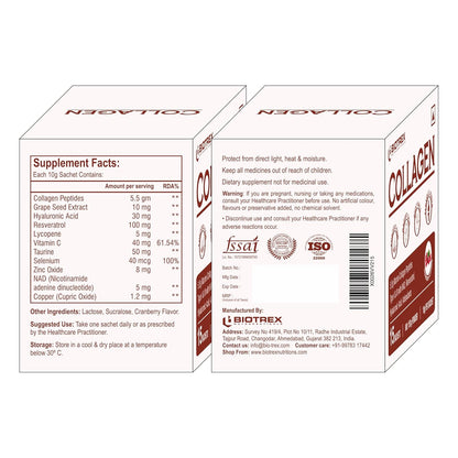 Biotrex Nutraceuticals Collagen Powder Supplement - 15 Sachets For Men & Women, Marine Collagen Powder Supports Healthy Skin, Luscious Hair, Flexible Joints, Shiny Nails, Cranberry Flavour