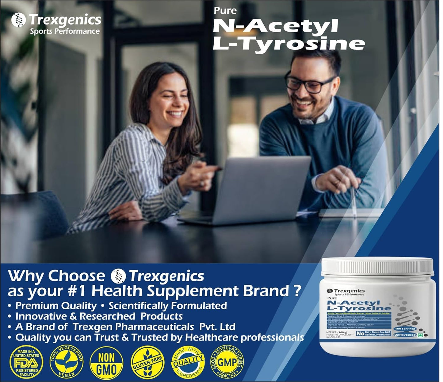Trexgenics N-ACETYL L-TYROSINE PURE POWDER Crosses Blood Brain Barrier Neurotransmitter production, Cognitive Function, Focus, Attention, Memory, Stress Support (100 grams)