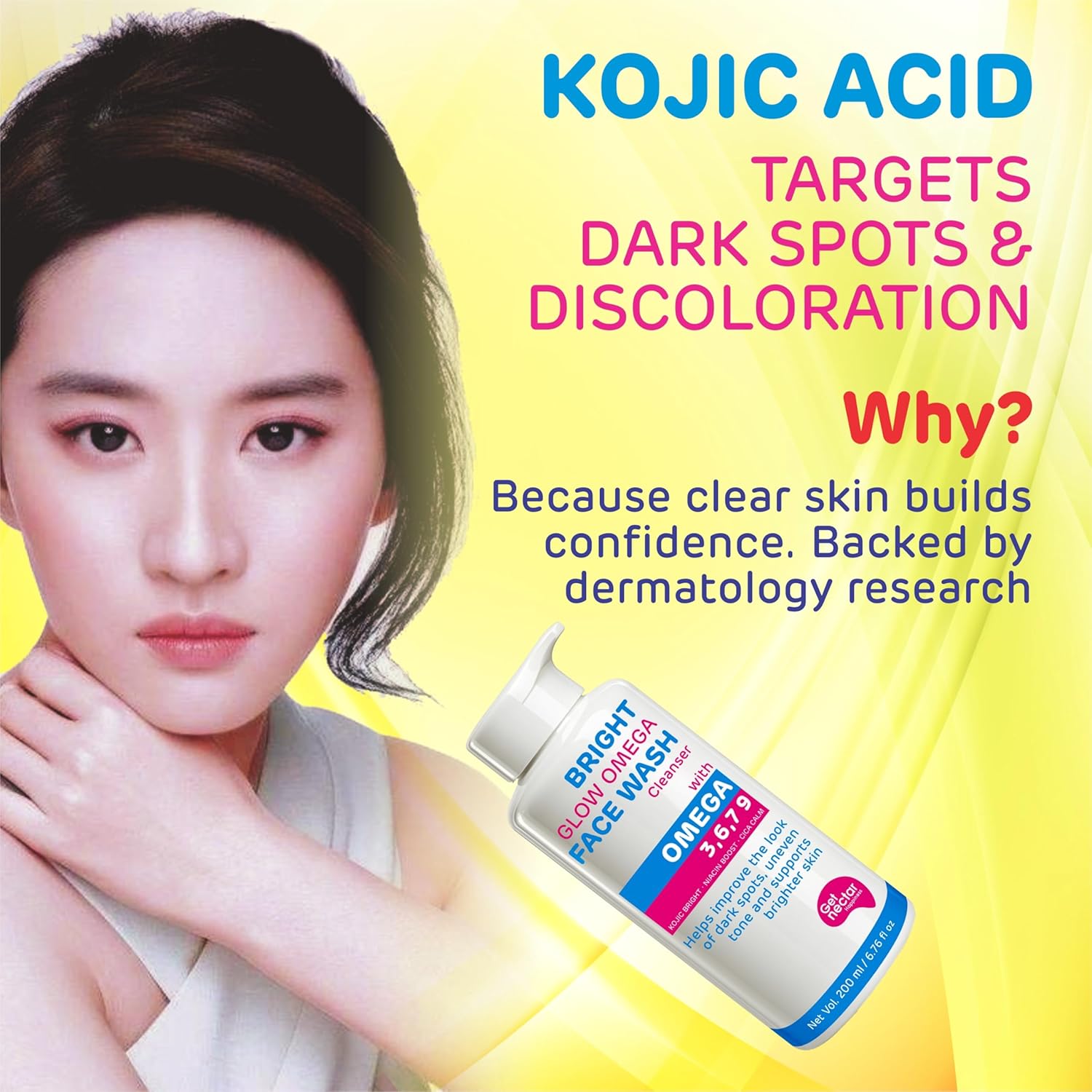 Advertisement for a skincare product with kojic acid, featuring a bottle and text on a yellow background.
