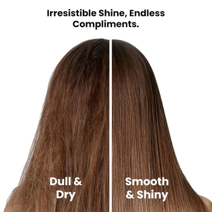 Comparison of dull and dry hair on the left to smooth and shiny hair on the right, with text 'Irresistible Shine, Endless Compliments.'.